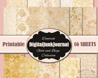 Junk Journal, Gold and Beige Damask Sheets, Printable Digital Junk Journal, Digital Download Sheets, Journal Background, Floral Pattern