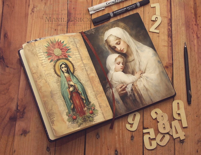 Holy Mother, Virgin de Guadalupe Junk Journal 16 Sheets, Junk Journal, Sepia, Fussy Cuts, Vintage, Cricut, Printable, Digital Download zdjęcie 4