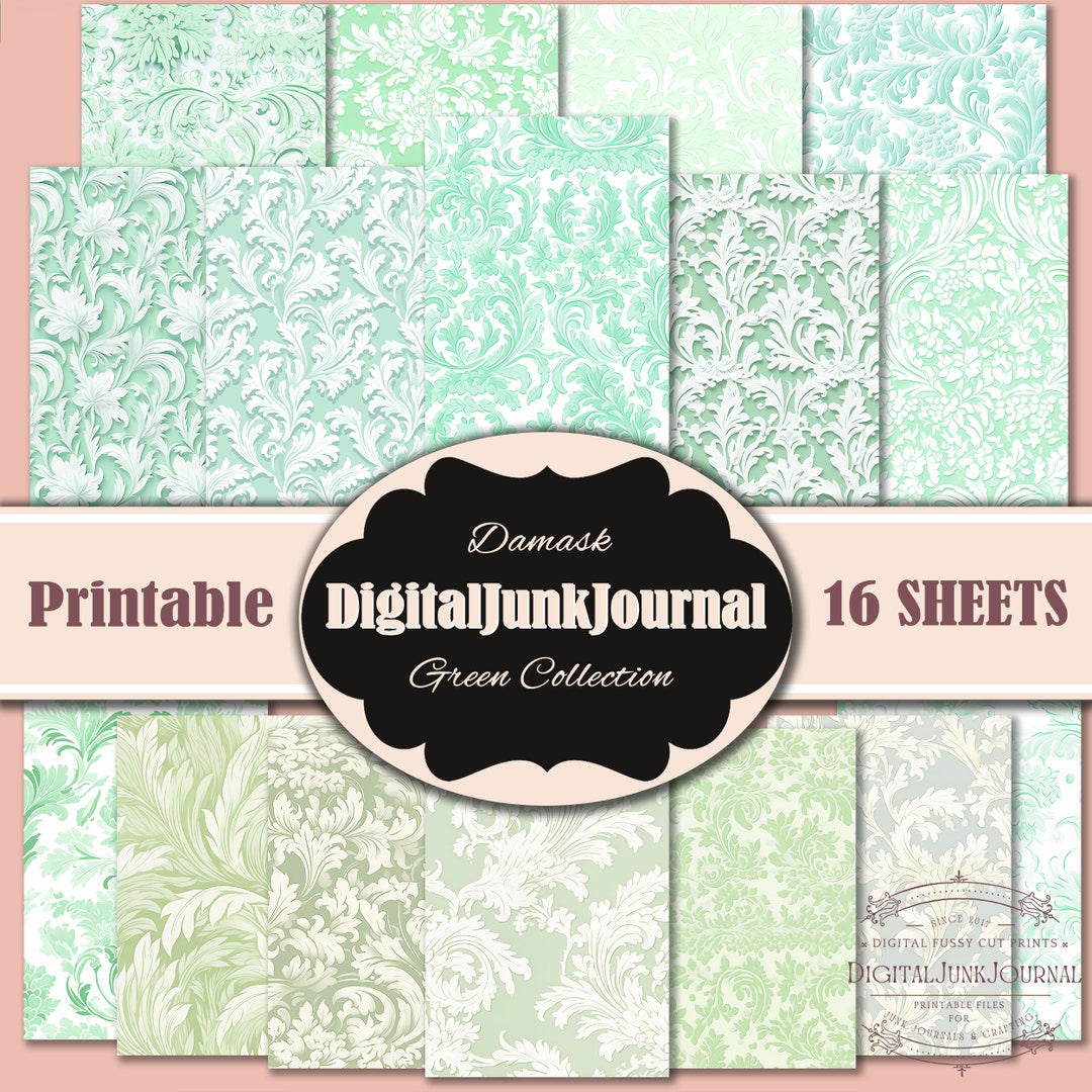 Printable Green Paper, 16 Sheets, Big Bundle Damask Pattern, Stripes ...