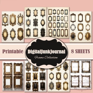 Folha de molduras vintage 8 JPG, Kit de diário de lixo para cartões de diário, gasto, páginas para impressão, download digital, pacote de molduras, cortes complicados efêmeros