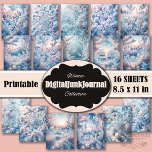 Könnte beinhalten: Eine digitale, druckbare Journal-Sammlung mit 16 winterlichen Blättern in einem blau-weißen Farbschema. Die Blätter sind 8,5 Zoll mal 11 Zoll groß und zeigen eine Vielzahl von Winterszenen, darunter schneebedeckte Bäume, eisige Äste und eine verschneite Landschaft.