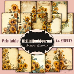 Sunflower Junk Journal, digital sheets, printable, flower journal, vintage paper, kit, Sunflower background pages, bundle kit