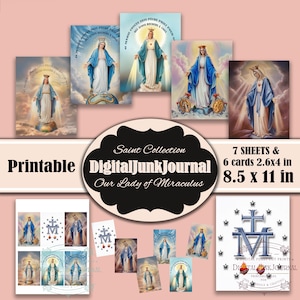 Marian Katholik Unsere Liebe Frau von Miraculus Christliche Heilige Junk-Journal Drucke Kartenherstellung Vintage druckbare Kunst Digitaler Download Gesegnete Mutter