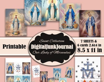 Marian Catholic Our Lady of Miraculus Christian Saints Junk Journal Prints Card Making Vintage Printable Art Digital Download Blessed Mother