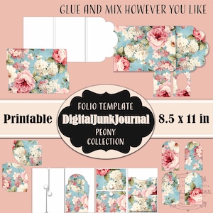 Peony Flower Junk Journal Scripture Folio Folding Folio Floral Ephemera Craft Kit  Printable Handmade Gift Lady England Junk Journal DIY
