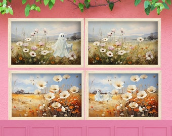 Samsung Frame TV Ghost in vintage flower meadow, Fall colors tv art, Halloween Frame TV art, Autumn spooky family painting art download