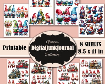 Christmas Cute Gnomes, Junk Journal Printable Sheets, Fussy Cuts, Junk Journal, Holly Jolly, Christmas Junk Journal Pages