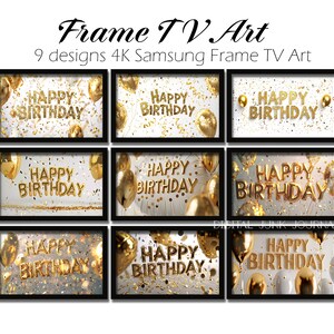 Samsung Frame Tv Art Happy Birthday Frame TV 4K Art, Digital Download, Gold Birthday Balloons and Glitter, Birthday Party Decor Confetti zdjęcie 1