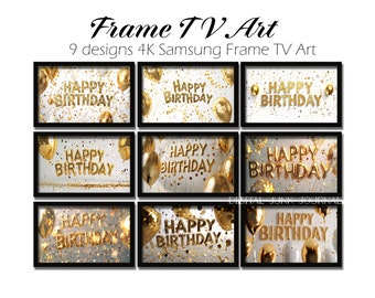 Samsung Frame TV Art Happy Birthday TV 4K Art, téléchargement numérique, ballons d'anniversaire dorés et paillettes, confettis déco de fête d'anniversaire