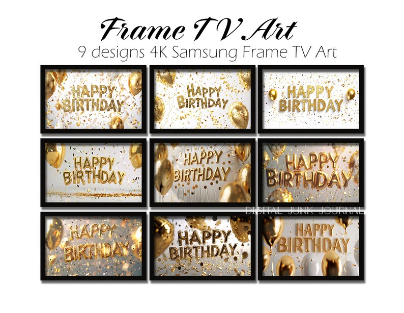 Samsung Frame Tv Art Happy Birthday Frame TV 4K Art, Digital Download, Gold Birthday Balloons and Glitter, Birthday Party Decor Confetti zdjęcie 1