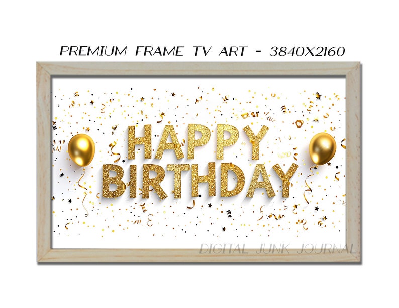 Samsung Frame Tv Art Happy Birthday Frame TV 4K Art, Digital Download, Gold Birthday Balloons and Glitter, Birthday Party Decor Confetti zdjęcie 3
