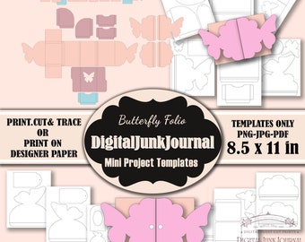 Junk Journal Folio Vorlagen Schmetterling Junk-Journal Taschen Vorlage Tags Vorlage Schmetterlinge Bastelbedarf PNG PDF JPG