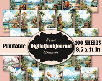 Travel Junk Journal Pages, Digital Floral Ephemera, Printable Shabby Collage Sheet, Antique Suitcase, Scrapbook Vacation Paper Kit