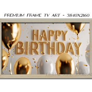 Samsung Frame Tv Art Happy Birthday Frame TV 4K Art, Digital Download, Gold Birthday Balloons and Glitter, Birthday Party Decor Confetti image 4