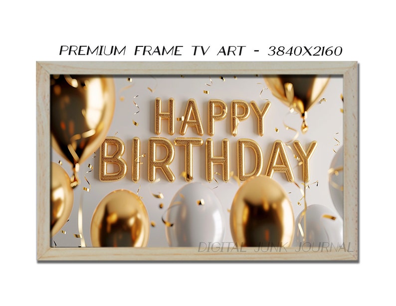 Samsung Frame Tv Art Happy Birthday Frame TV 4K Art, Digital Download, Gold Birthday Balloons and Glitter, Birthday Party Decor Confetti zdjęcie 4