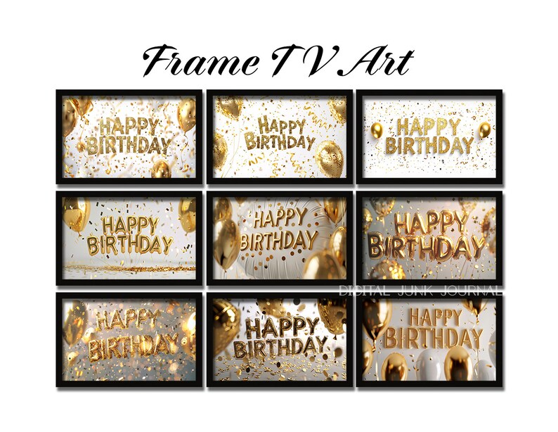 Samsung Frame Tv Art Happy Birthday Frame TV 4K Art, Digital Download, Gold Birthday Balloons and Glitter, Birthday Party Decor Confetti zdjęcie 8