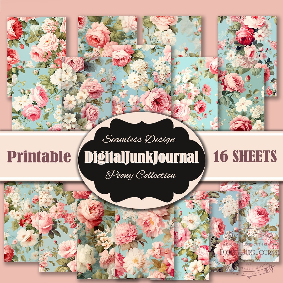 Flower Digital Junk Journal Sheets, Shabby Chic Floral Seamless Pattern ...