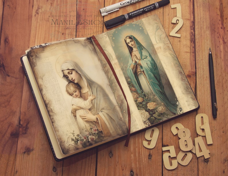 Holy Mother, Virgin de Guadalupe Junk Journal 16 Sheets, Junk Journal, Sepia, Fussy Cuts, Vintage, Cricut, Printable, Digital Download zdjęcie 6