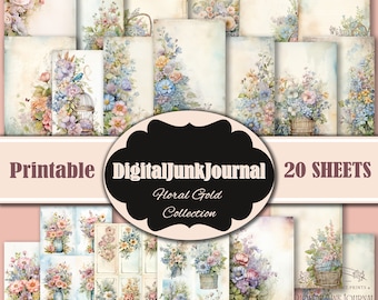 Ongewenste Journal, bloembladen, blauwe hortensia, rozen, Cricut, afdrukbare digitale download dagboek, pastel bladen achtergrond, ongewenste afdrukbare