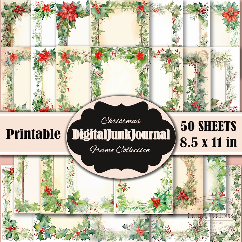 Big Bundle, Christmas Frame Junk Journal Paper, Digital Download, Mixed Media, Pattern, Christmas Memory Journal, Christmas Journal Kit image 1