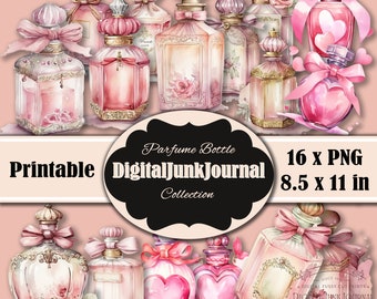 Clipart de bouteilles de parfum, parfum victorien PNG, motifs par sublimation, journal indésirable, sépia, coupes difficiles, vintage, imprimable, téléchargement numérique