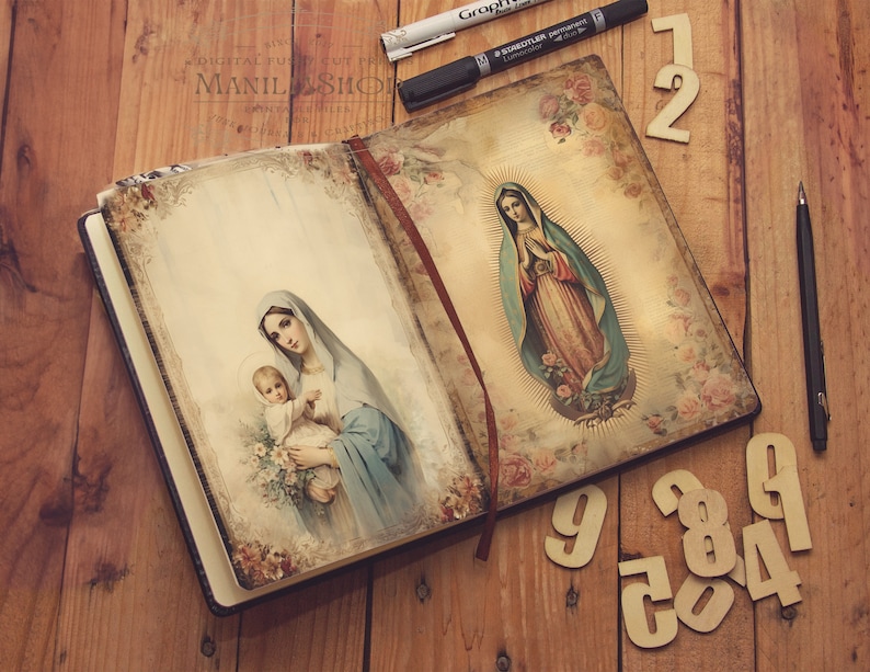 Holy Mother, Virgin de Guadalupe Junk Journal 16 Sheets, Junk Journal, Sepia, Fussy Cuts, Vintage, Cricut, Printable, Digital Download zdjęcie 5