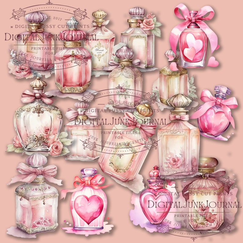 Perfume Bottles Clipart, Victorian Perfume PNG, Sublimation Designs, Junk Journal, Sepia, Fussy Cuts, Vintage, Printable, Digital Download zdjęcie 2