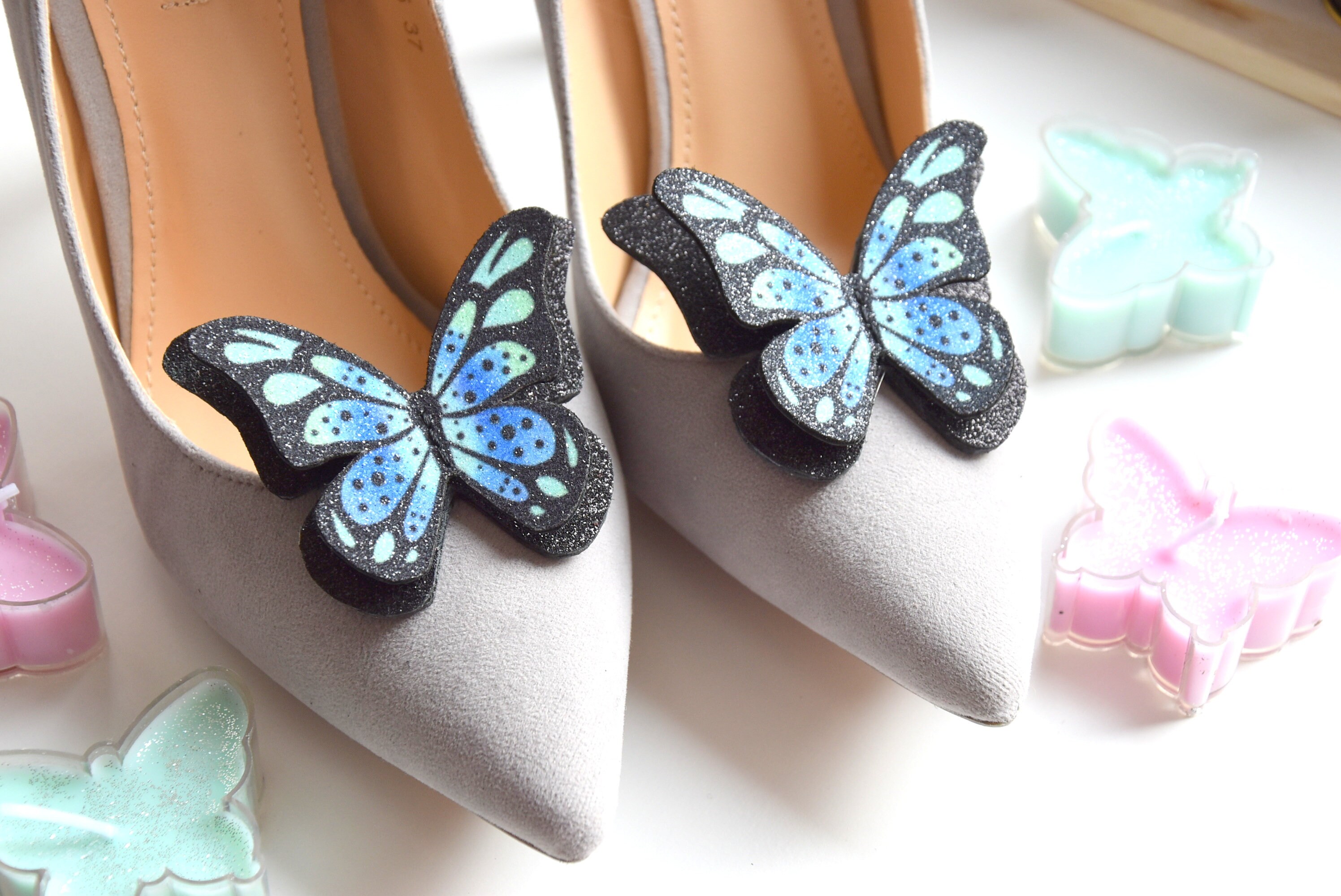 Butterfly shoe clips glitter and leather shoe accessories Etsy