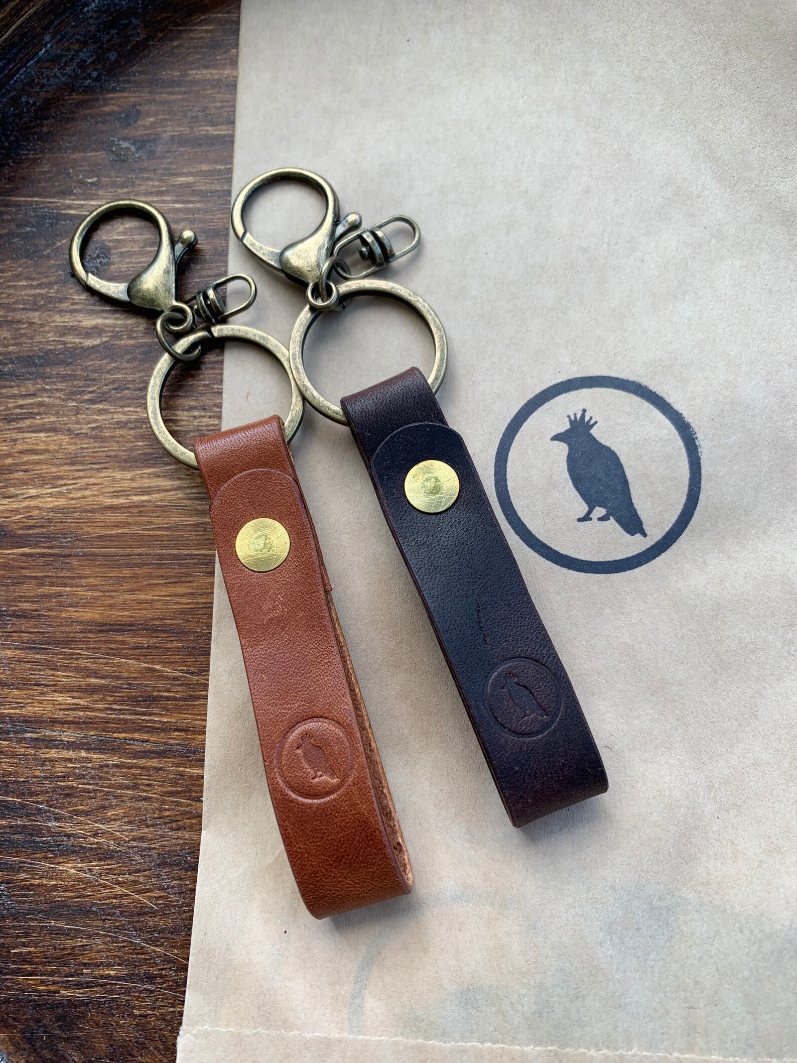 Handmade Leather Brass Keychains with Crow Stamp Etsy