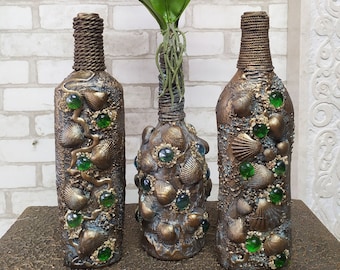 Decorative bottles, set of 3 bottles. Home decor bottles. Handmade bottles. Vases with seashells