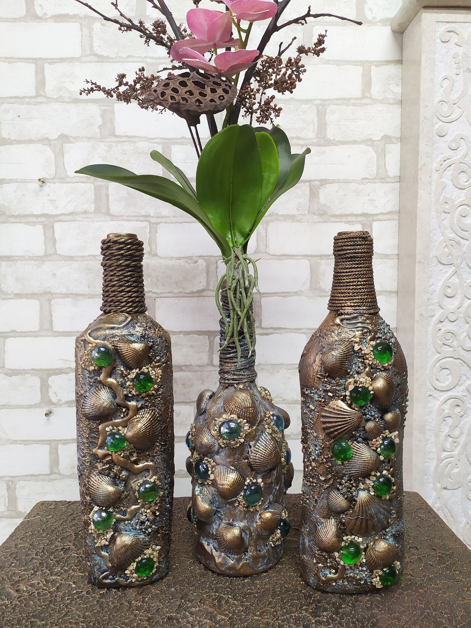 Decorative Bottles, Set of 3 Bottles. Home Decor Bottles. Handmade