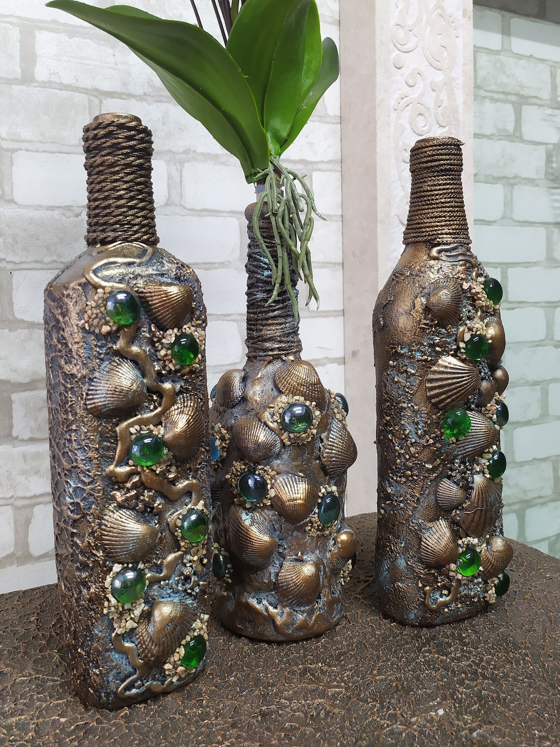Decorative Bottles, Set of 3 Bottles. Home Decor Bottles. Handmade