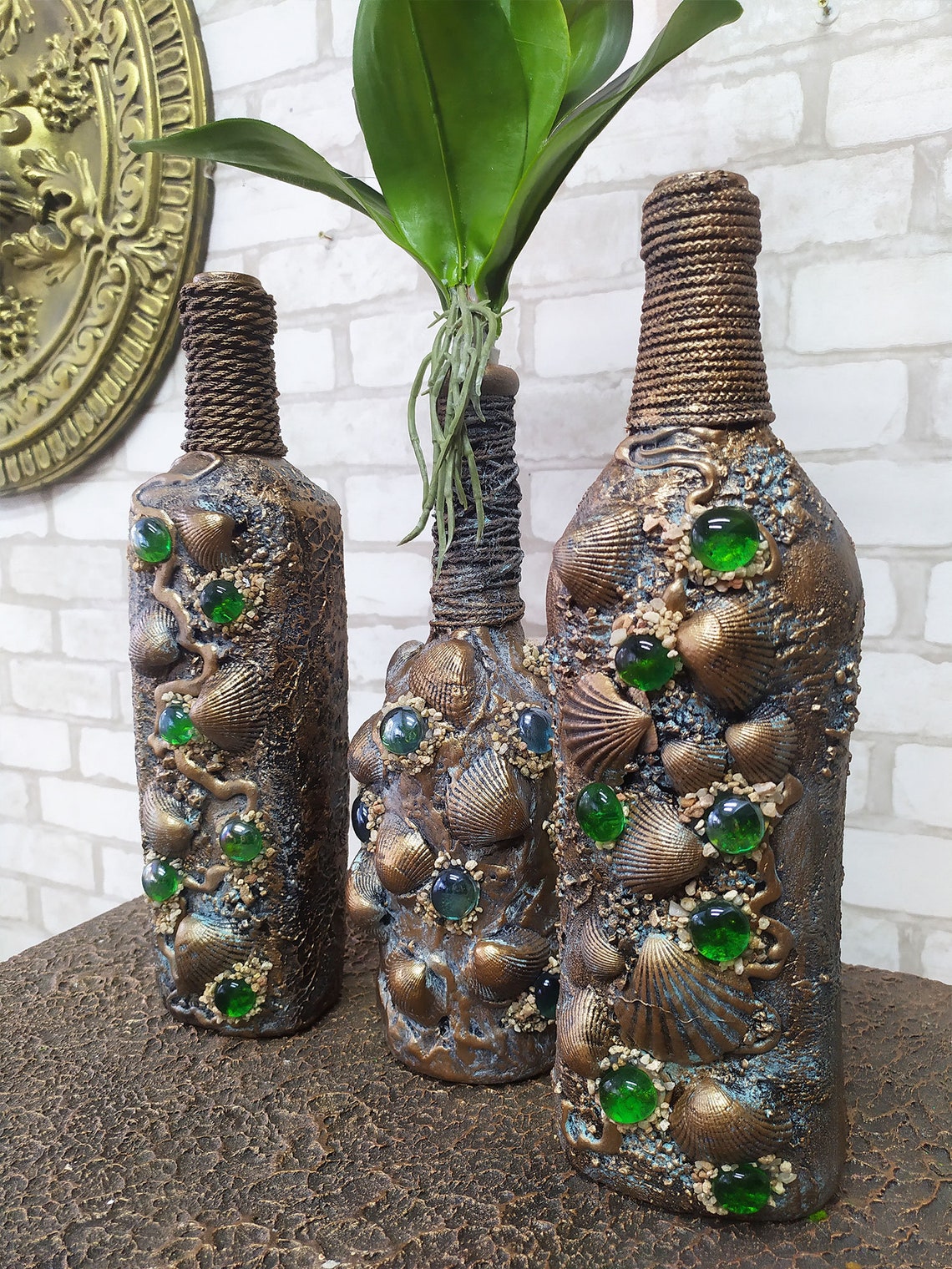 Decorative Bottles, Set of 3 Bottles. Home Decor Bottles. Handmade