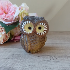 May include: A brown owl figurine with large yellow eyes and white accents. The owl is sitting on a wooden surface.