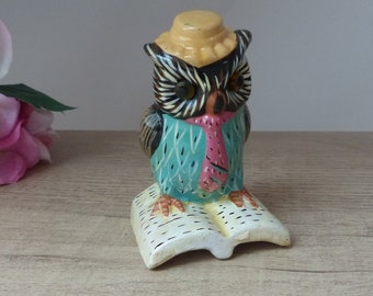 Ceramic Owl Figurine on a Book with a Tie, Vintage Bird Statuette