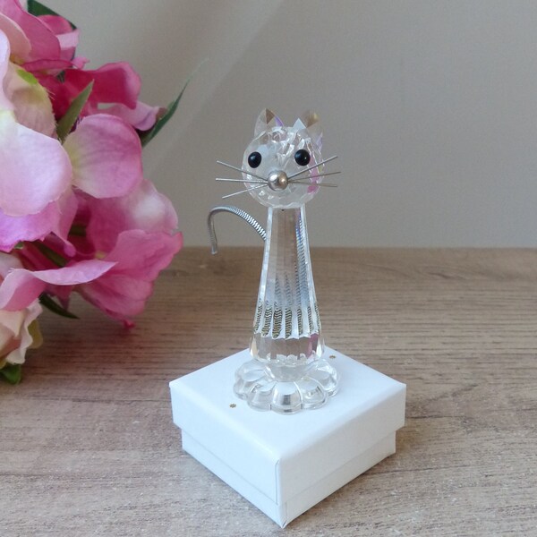 Figurine de Chat Debout en Cristal Swarovski avec Longue Queue Flexible Objet de Collection Vintage Décoration, Cadeau Amoureux des Chats