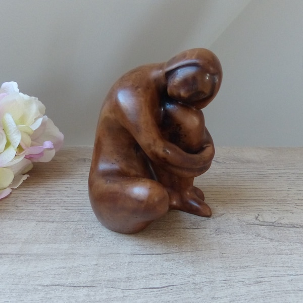 Sculpture de femme nue en résine marron assise la tête posée sur un genou Vintage, Cadeau Fête Anniversaire