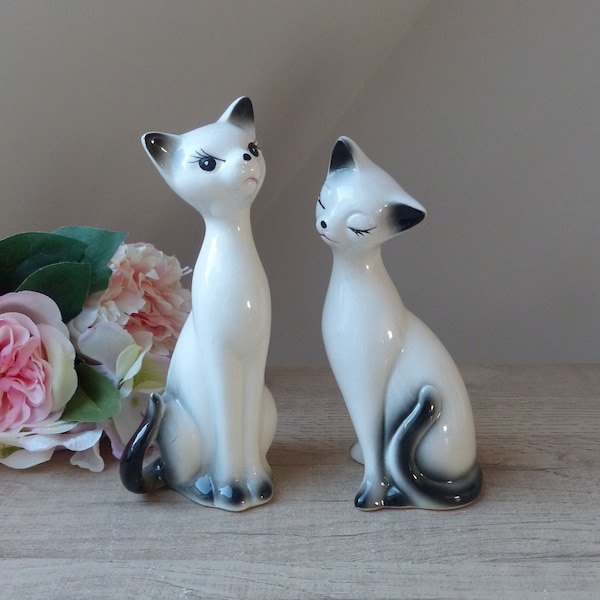 Ensemble de deux chats romantiques en céramique long cou noir et blanc vintage, Cadeau Décoration Chambre