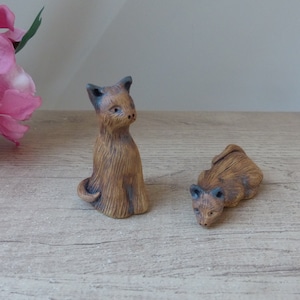 Pair of Brown Clay Cat Figurines – Hand-Sculpted – Rare Vintage