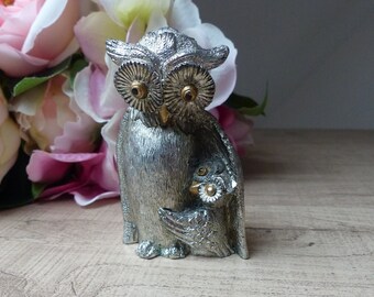 Old and rare Vintage Protective Owl Family Love Statuette in Metal Peltro Italy, Mother's Day Gift