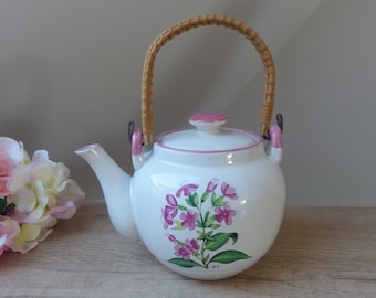 Korean white ceramic teapot pink flowers pattern with wooden handle, Vintage boho kitchen living room decoration