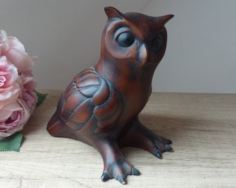 Owl Animal Sculpture Brown Wood Veneer Signed, Wild Owl Statuette Home Decoration Vintage Collection