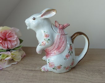 Hand Painted Ceramic Rabbit Shaped Teapot, Rabbit Teapot with Pink Ribbon and Flowers, Animal Teapot Collection Gift Decoration