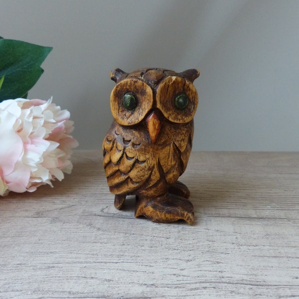 Petite Figurine Hibou Chouette en Bois Sculpté à la main Vintage H 10 cm décoration animalière forêt