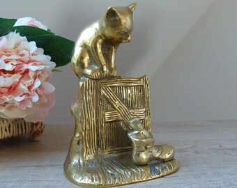 Gilt brass figurine of cat on fence looking at mouse in shoe Vintage India