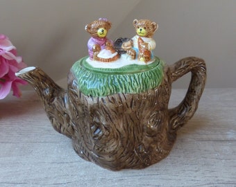 Old Ceramic Teapot Couple of Bear Cubs on a Picnic on a Tree Trunk, Mother's Day Gift