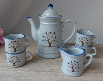 Vintage ceramic Taiwan coffee set, 6 pieces, 1 coffee pot, 4 cups, 1 milk jug, tree of life pattern, Mother's Day gift