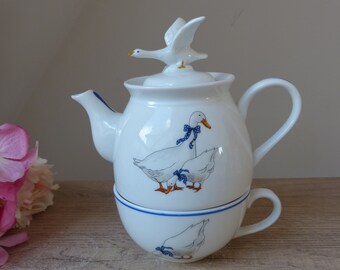 Théière solitaire en Porcelaine Oies, Ensemble tasse et théière, théière égoïste motif nature oiseaux, décoration cuisine vintage