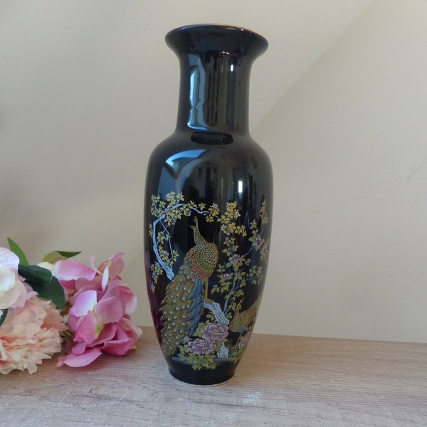 Ancien Vase Noir Décor Fleurs et Paon en Céramique Fabriqué au Japon