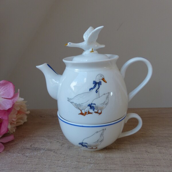 Théière solitaire en Porcelaine Oies, Ensemble tasse et théière, théière égoïste motif nature oiseaux, décoration cuisine vintage